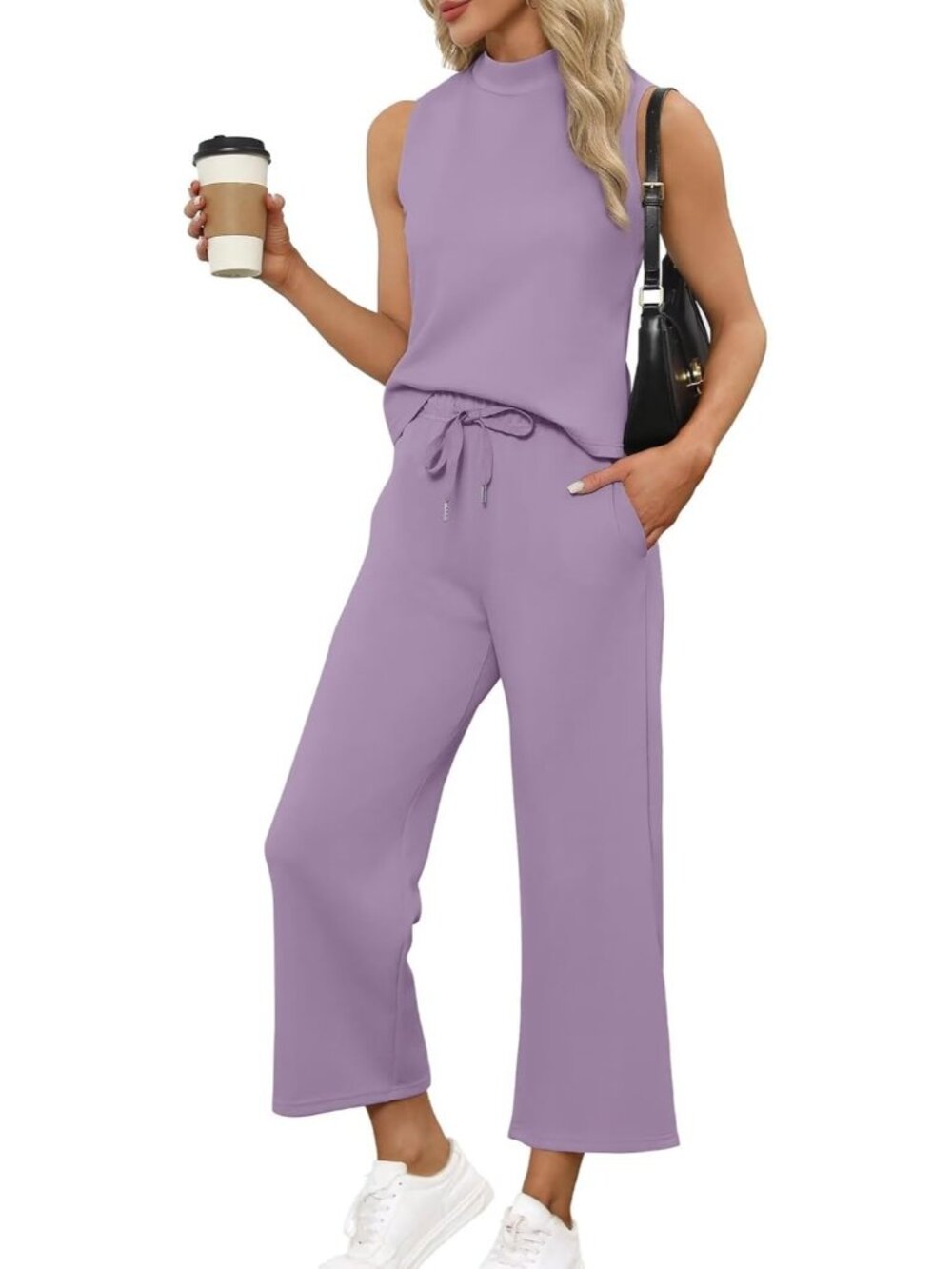 Women's Purple Two Piece Set Summer Outfits Lounge Sets Mock Neck Tops Wide Leg